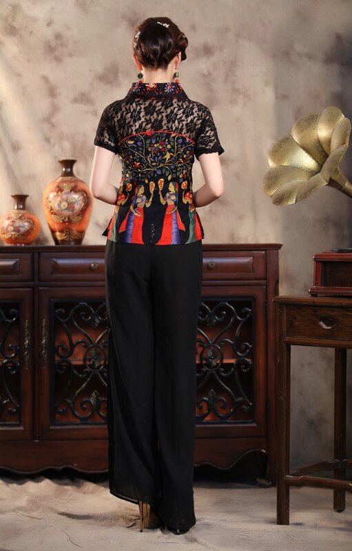 Seksi Hitam Renda Musim Panas Wanita Kemeja Top Gaya Cina Katun Linen Blus Tradisi Bunga Pakaian S M L XL XXL xxxl TS001