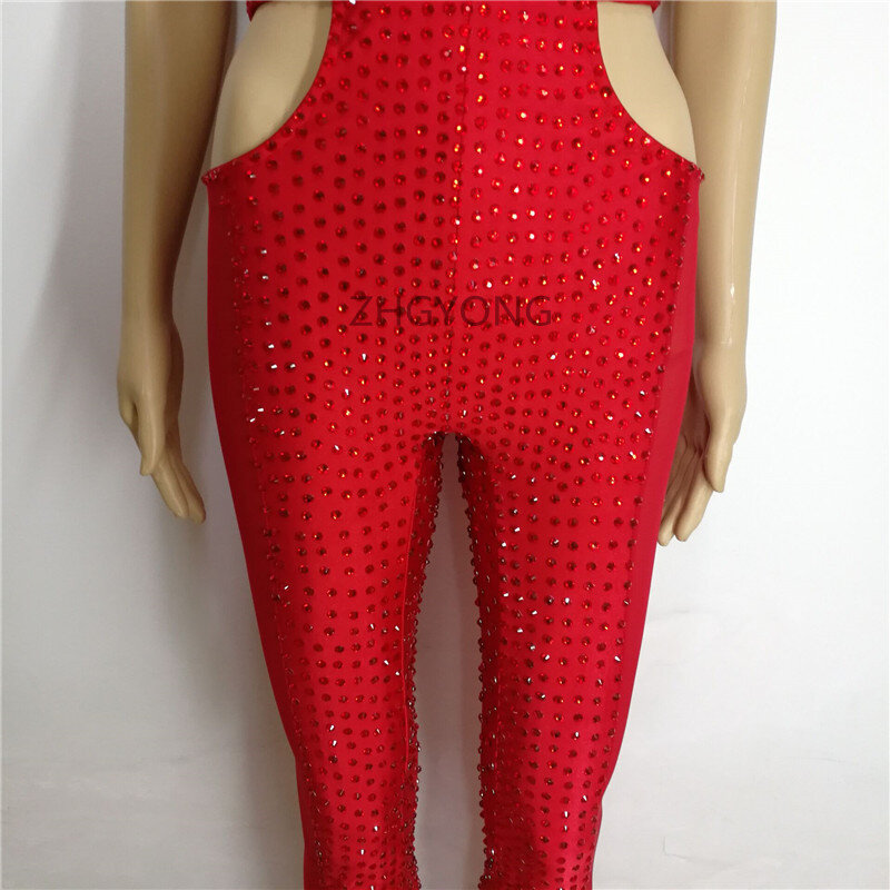 Sexy Hollow Out Red Rhinestones Bandage Jumpsuit Nightclub DJ Female Singer Dance Costume Crystals Stage Outfit Club Dance Wear