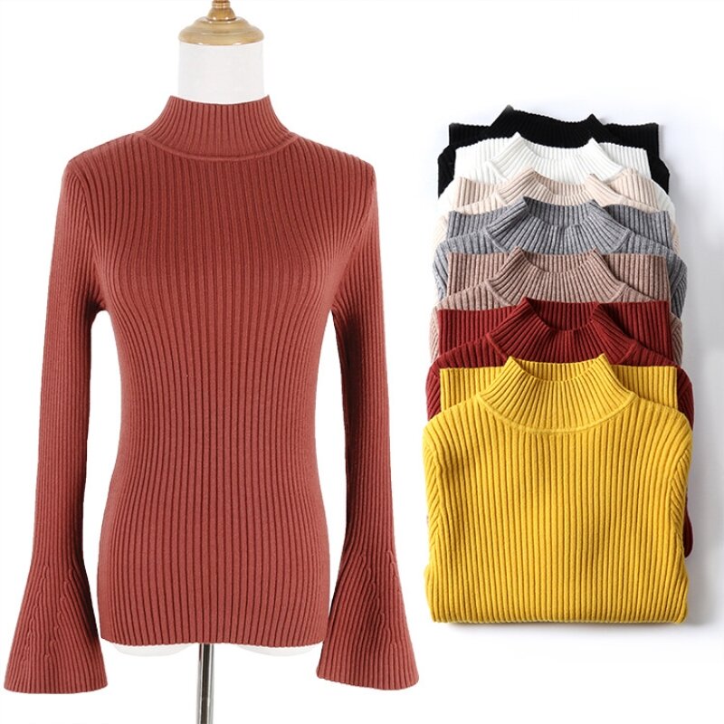 Модный весенне-осенне-зимний свитер, высококачественный вязаный эластичный Женский пуловер, повседневный Однотонный свитер с расклешенными рукавами