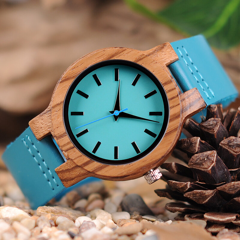 BOBO BIRD-reloj de madera clásico de cebra para hombre y mujer, accesorio de pulsera de cuarzo con diseño azul índigo, dos cajas Optiom de 33mm y 45mm