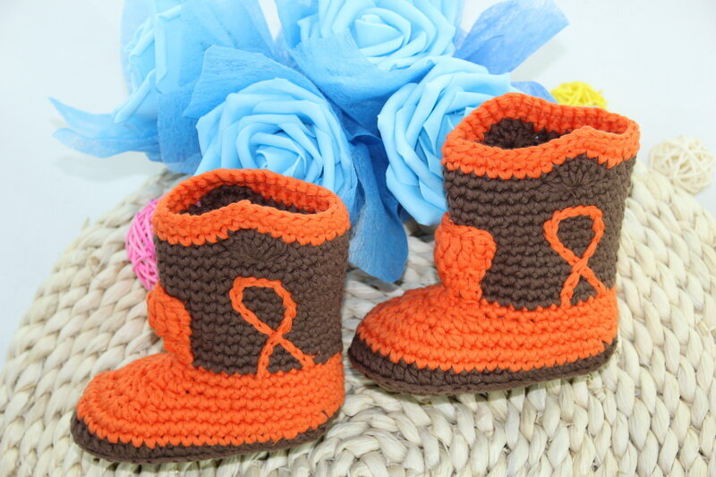 free shipping,Cute Handmade Knit Crochet baby Cowboy Boots Shoes Newborn Photo Prop New - Orange/brown