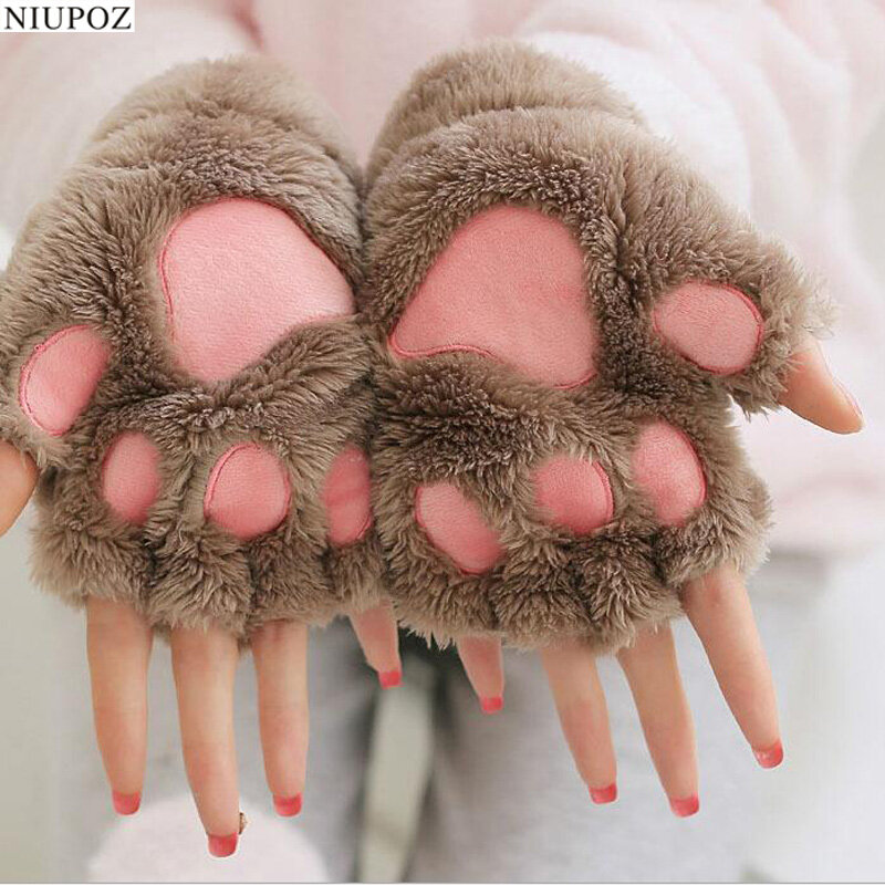 المرأة جميل الكرتون رقيق الدب القط مخلب باو قفازات الشتاء الإناث نصف اصبع أفخم قفازات السيدات أصابع قفازات دافئة G22