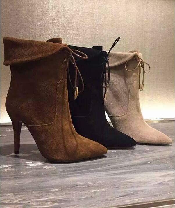 Hot selling women ankle boots pointed toe fur inside lace-up high heel booties size 34 to 39 discount price party drees shoes wo