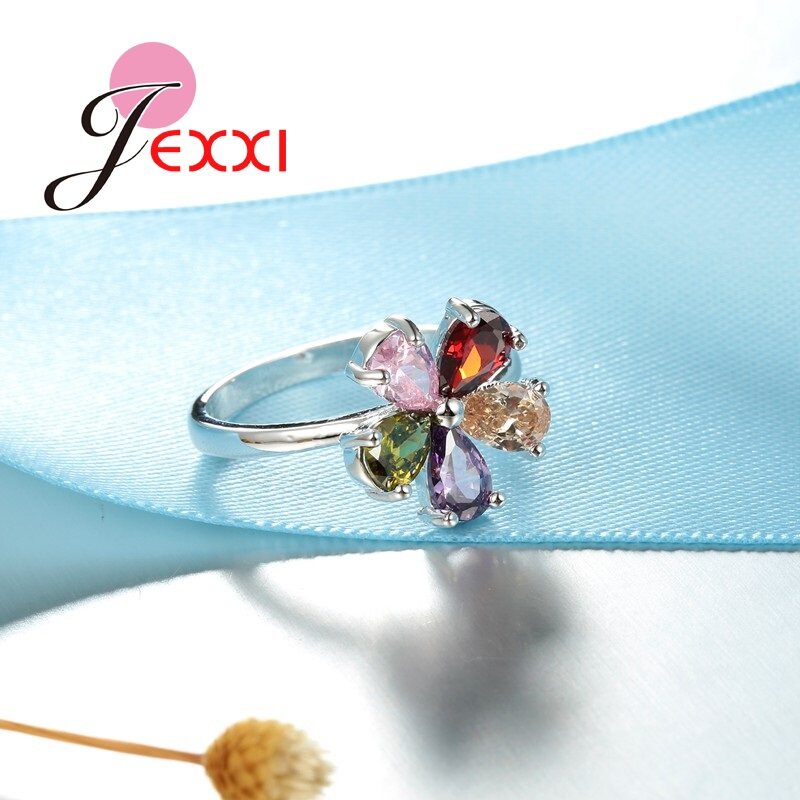 Beautiful Flower Shape Colorful Crystal 925 Sterling Silver Women Wedding Engagement Rings Fashion Party Finger Jewelry