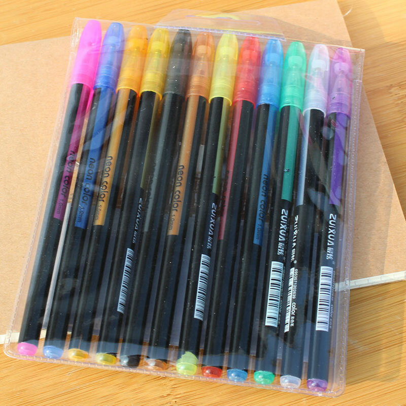12Pcs/Set Colors Gel Pens 48-color Refill Glitter Gel Pen for Adult Coloring Books Journals Drawing Art Markers stationary pen