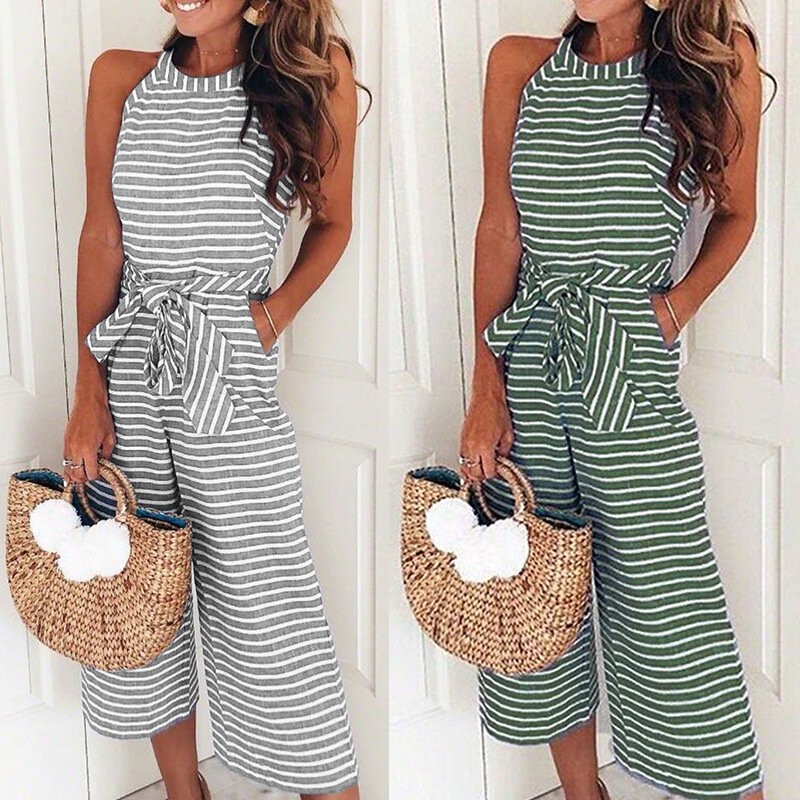 Spring Summer Autumn Women Jumpsuit Sexy Sleeveless stripe Jumpsuit Lace-Up Casual Jumpsuit Solid night Jumpsuits