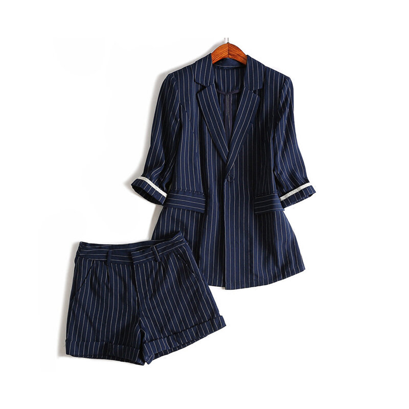 65% Leinen Anzüge Frauen Zwei-Stück Set Striped Beiläufige Blazer Top Taschen Shorts 2 Farben High-grade Stoff neue Mode 2018