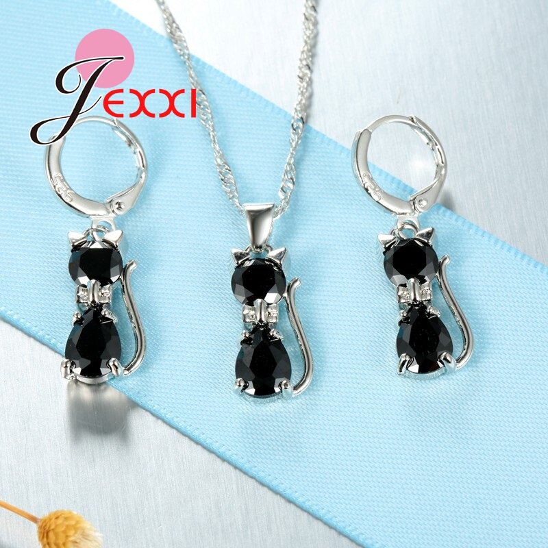 Fast Shipping Retail Romantic Engagement Silver Cute Cat Jewelry Sets Necklace Earrings With Austrian Crystal For Women
