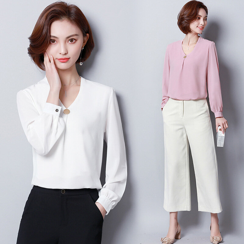 봄 가을 시폰 셔츠 대형 레이디 긴 소매 v-칼라 순수 컬러 블라우스 여성 느슨한 패션 하단 셔츠 탑 h9040