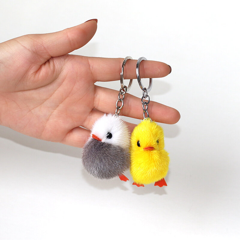 Yellow Real Mink Fur Chick Duck Bird Charm cell phone keychain car key finder Keyring Pendant Accessories fasiion