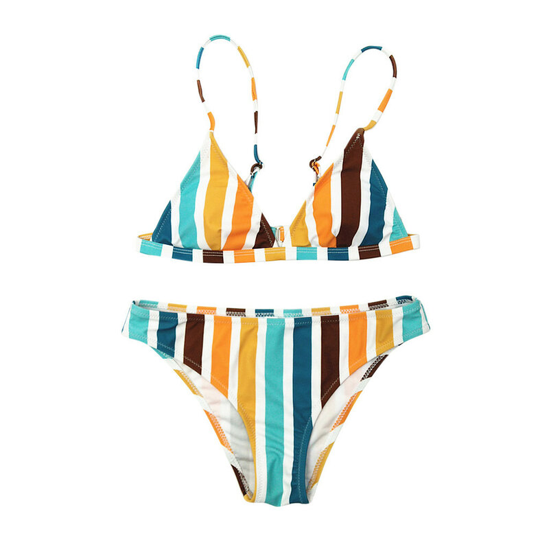 Swimwear Women Rainbow Striped Print Swimwear Bikini Set Swimwear Bandage Tankini Beach Bathing Suit Women c0611