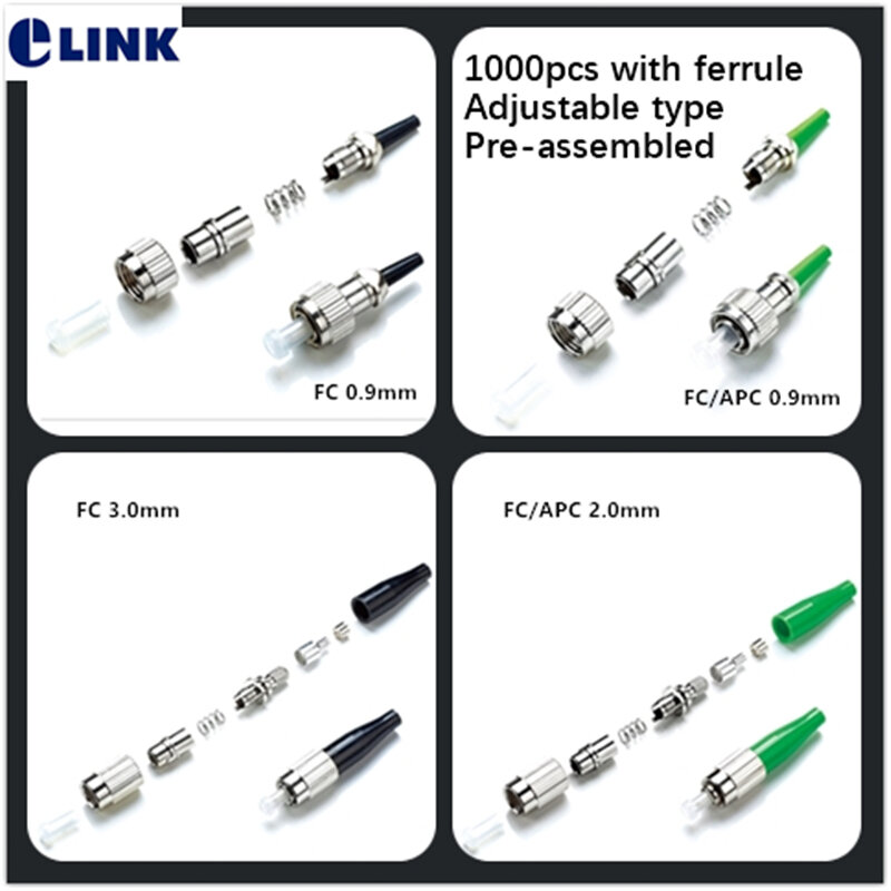 Conector de fibra FC com virola, óptico pré-montado, tipo ajustável, APC, SM, MM, preto, verde, 3,0, 2,0, 0,9mm, 1000pcs