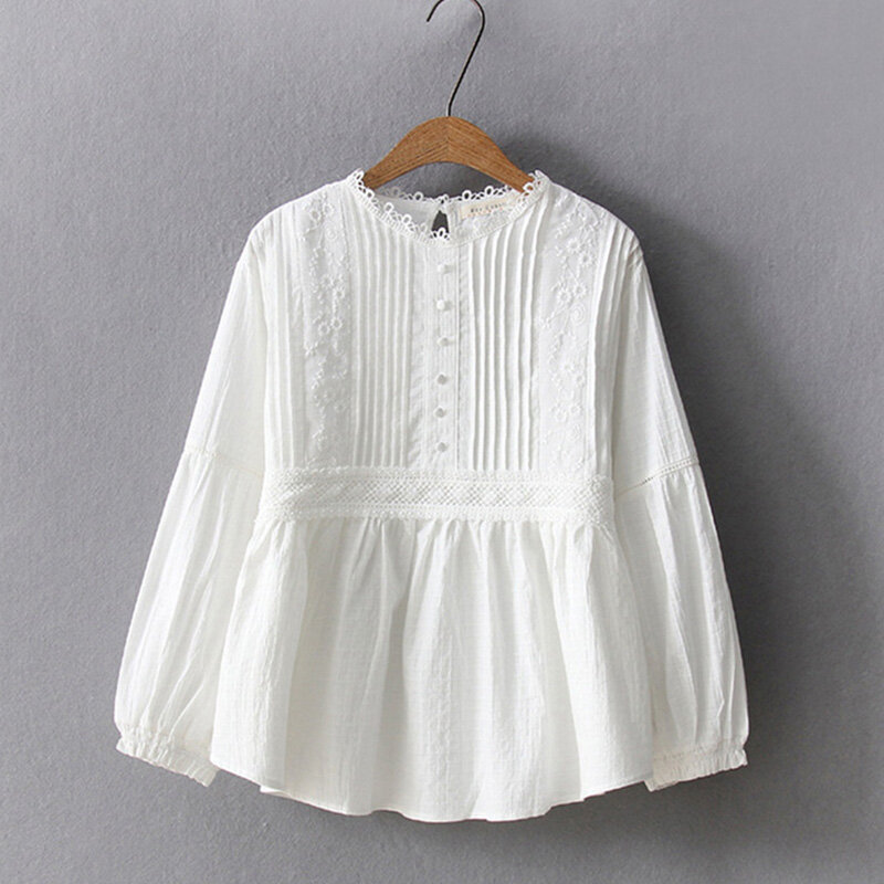 Camisa casual feminina mori bordada, blusa feminina elegante de algodão sólida branca e manga longa u185, para primavera e verão