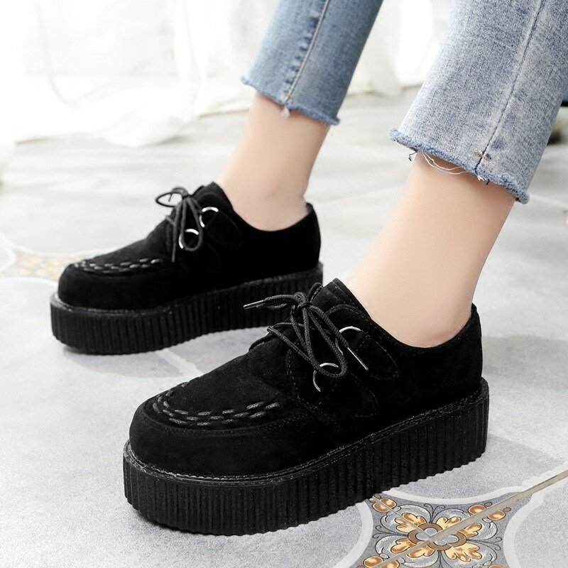 2020 new Creepers Women Shoes Large Size 41 Flat Platform Shoes Lace-Up Round Toe Women Flats Casual Shoes Solid Female Shoes