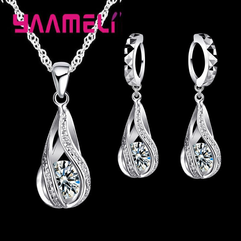 Water Drop CZ 925 Sterling Silver Jewelry Set para Mulheres, Colar de Pingente, Brincos De Argola, Festa De Casamento, Quente, CZ