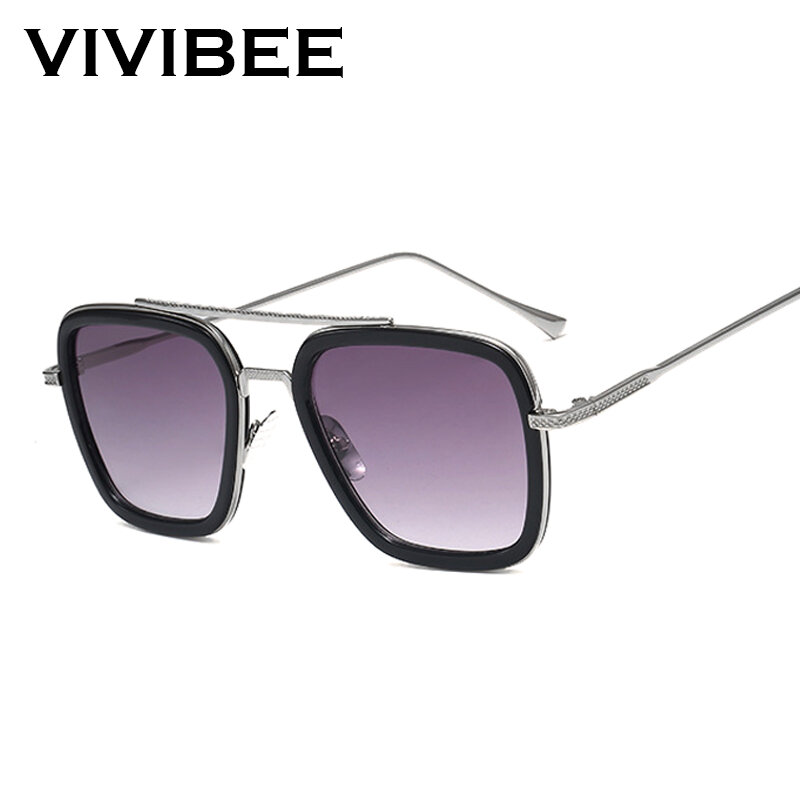 نظارات شمسية مربعة VIVIBEE-ony Stark للرجال والنساء ، إطار معدني فضي ، نظارات عدسات زرقاء ، نظارات steambunk ، الموضة ،