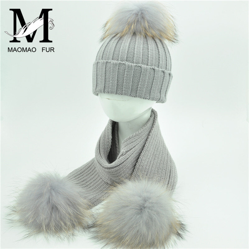 Jxwatcher-Conjunto chapéu e cachecol para mãe e filho, pompom de pele de guaxinim real, Gorros de malha, moda inverno, alta qualidade, novo
