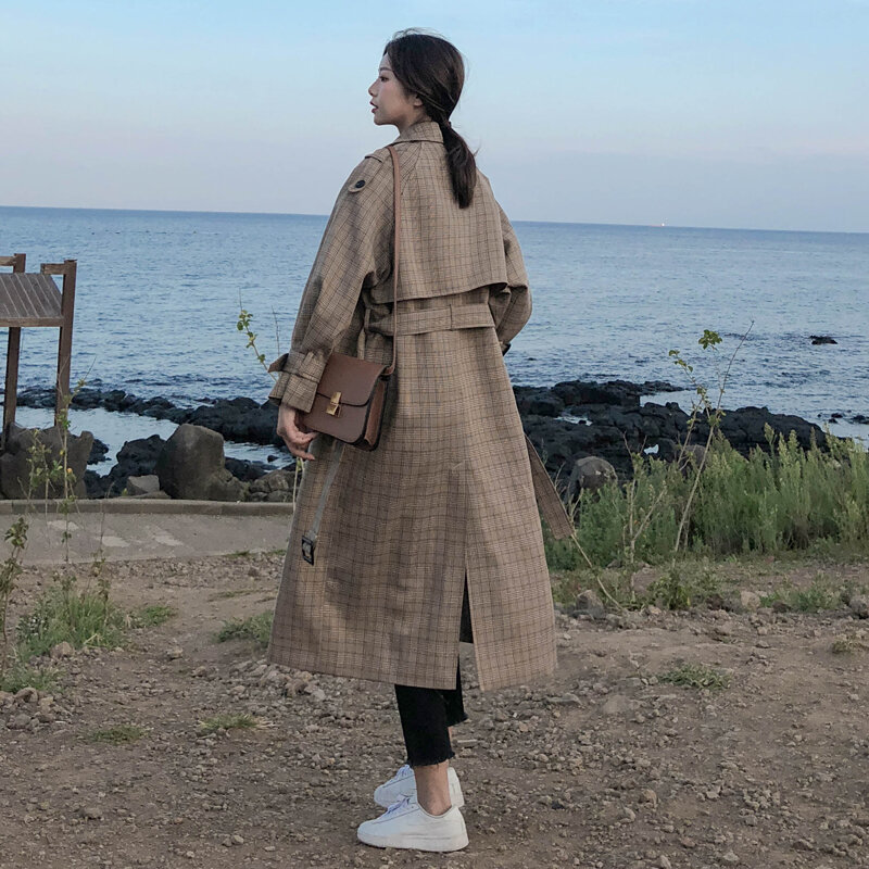 Korean Style Ladies Trench Coat Plaid Long Double Breasted Belted Oversize Loose Women Duster Coat Outerwear with Storm Flaps