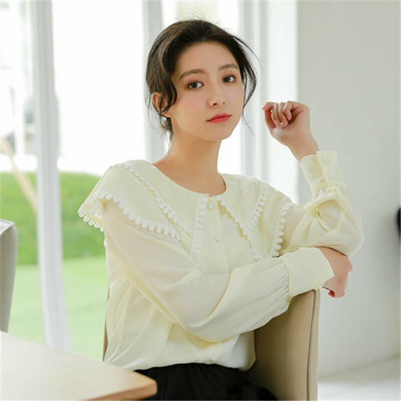여성용 긴팔 쉬폰 셔츠, 한국 일본 피터팬 칼라 상의 블라우스, 소녀 프레피 스타일 셔츠, 귀여운 봄 신상, H9168