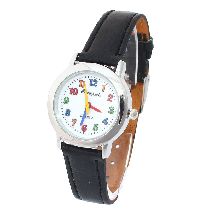 Reloj de cuero de cuarzo para niñas, pulsera colorida U80, de alta calidad, color negro
