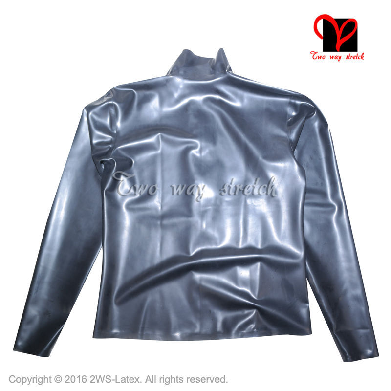 Sexy Schwarz Latex jacke Long sleeves Rubber mantel shirt Gummi Uniform bluse Catsuit blazer Top kleidung plus größe SY-035
