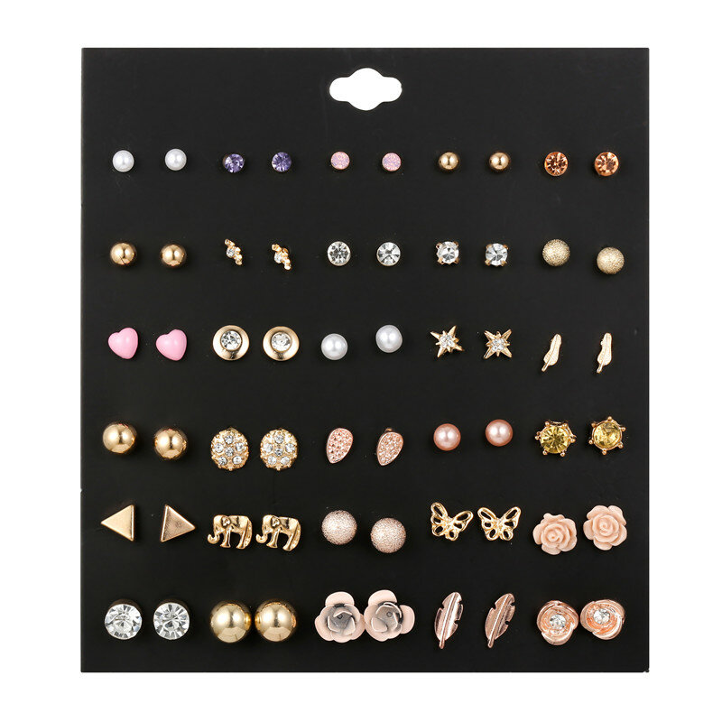 Conjunto de pendientes clásicos para mujer y niña, set de 30 pares de pendientes con bola redonda, lazo, elefante, corazón, flor, búho, amor, perla, joyería