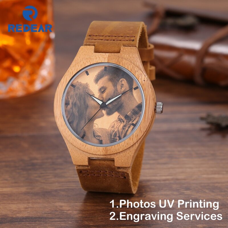 Regalo creativo reloj de madera de los hombres las mujeres amantes de fotos de impresión UV en reloj de madera OEM personalizado regalo relojes hombre boda cumpleaños
