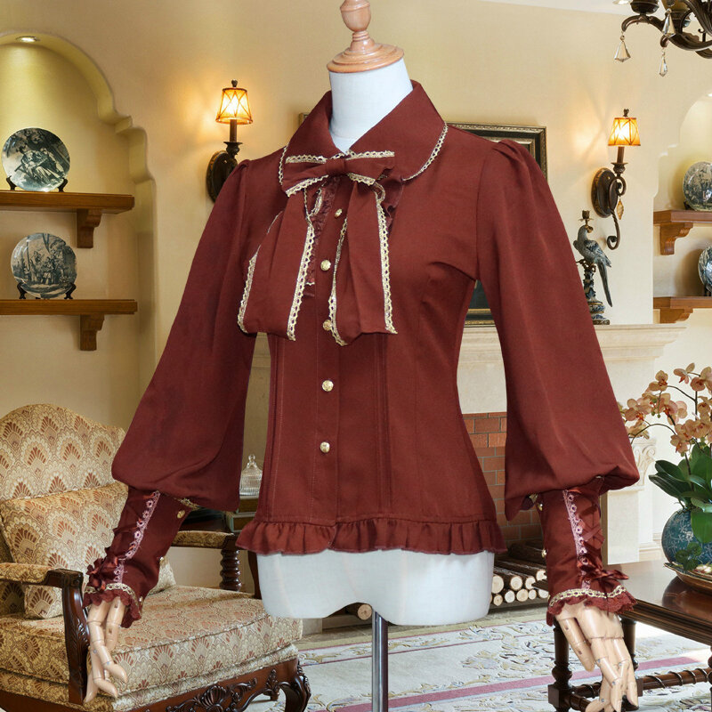 Frühling Mode frauen Lolita Chiffon Hemd Büro Weibliche Vintage Gothic Dünne Innen Bluse Spitze Bogen Langarm Casual Shirts