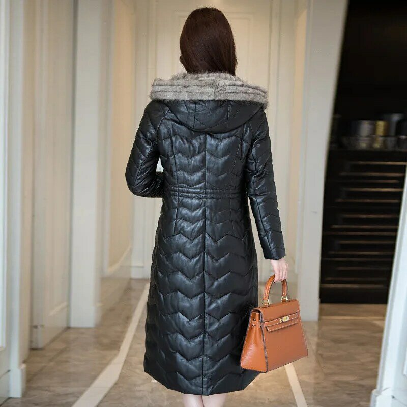 Abrigo cálido de piel de oveja para mujer, chaqueta de cuero de alta calidad, color negro, talla grande 4XL, ropa de invierno, 100%