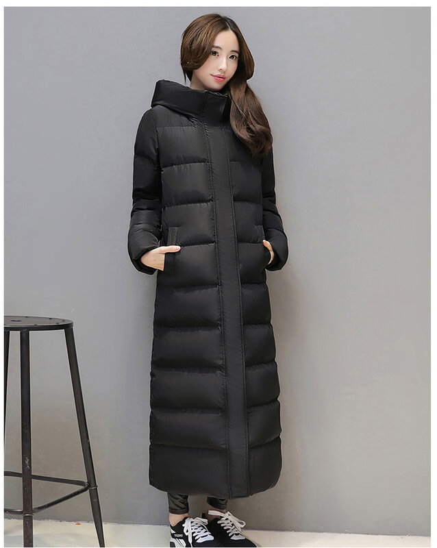 Doudoune épaisse à capuche pour femme, manteau très long, noir, rouge, fermeture éclair, garde au chaud, hiver