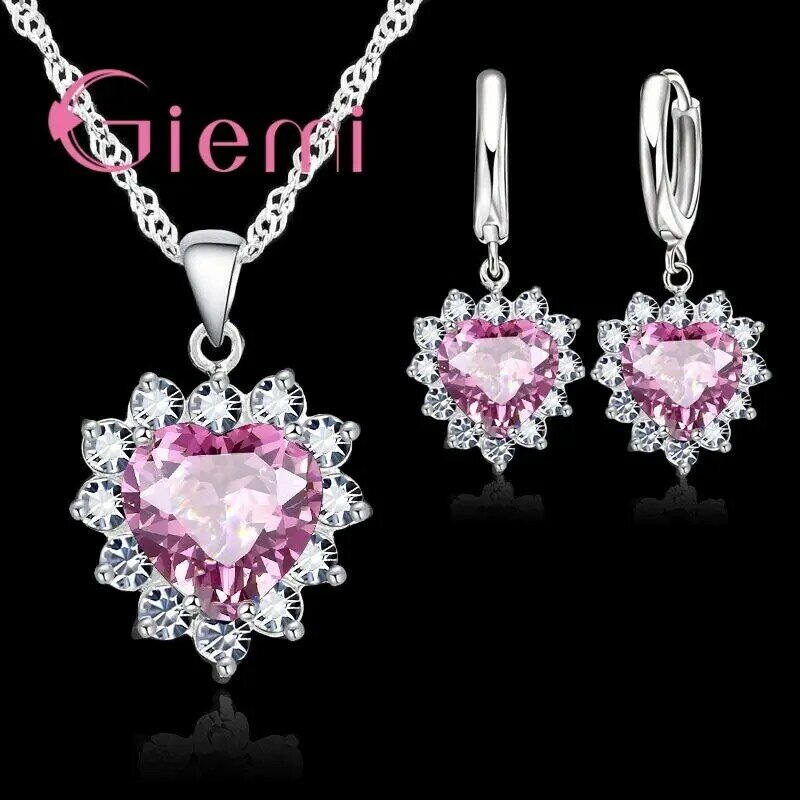 Cinta Sejati 925 Sterling Silver Jewelry Set untuk Pernikahan Zirkonia Kubik Set Anting Kalung Liontin Hadiah Valentine
