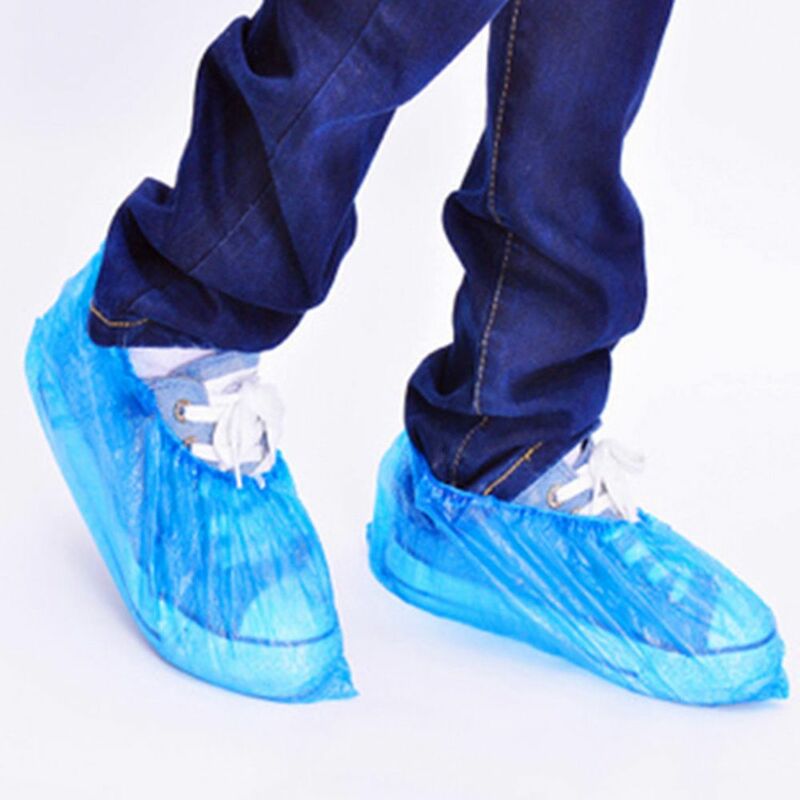 100Pcs 블루 의료 방수 부팅 커버 플라스틱 일회용 신발 커버 오버 슈즈 레인 슈 커버 진흙 방지