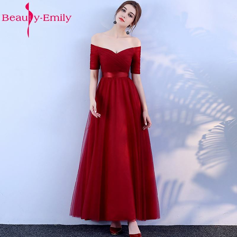 Beauty-emily długi fioletowy czerwony szary suknie wieczorowe 2019-line Off półrękaw Vestido da dama de honra