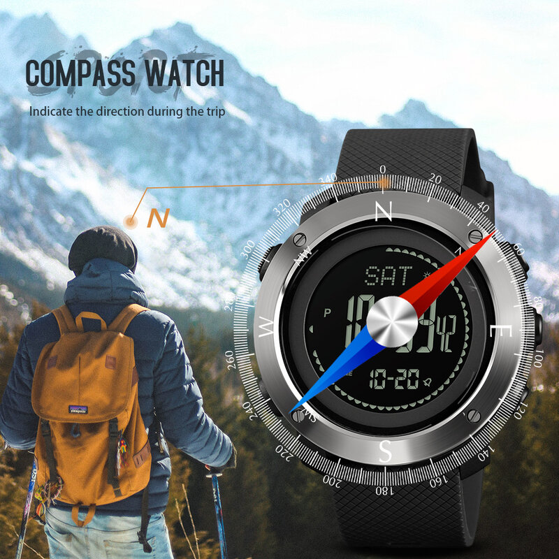 Skmei relógio digital masculino de pulso, relógio esportivo para homens, altitude, barômetro, relógio digital para escalada, caminhadas, 2020