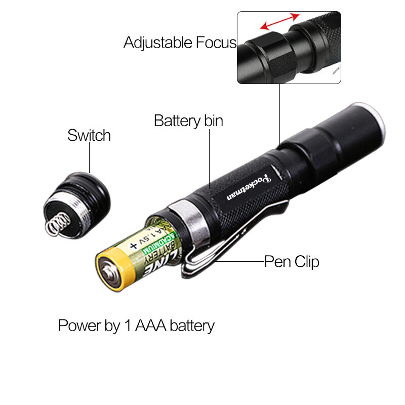 휴대용 미니 펜라이트 LED 손전등, 포켓 라이트, 방수 랜턴, AAA 배터리, 캠핑 사냥용 강력한 LED