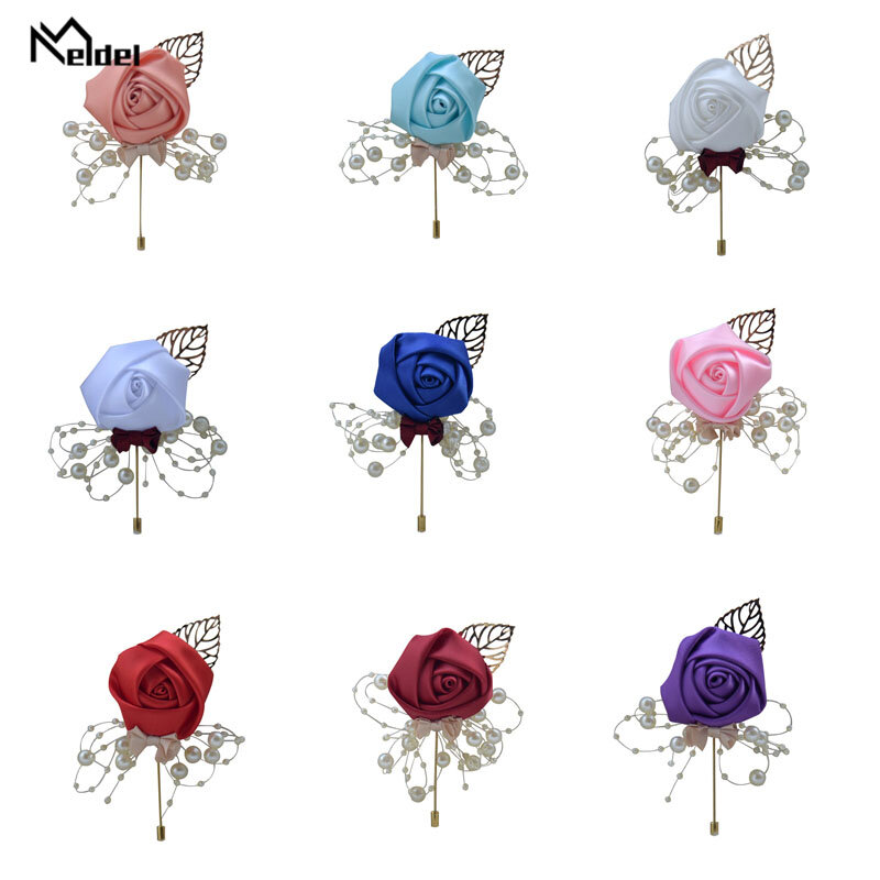 Meldel Corsage Groom Wedding Luxury Rose Boutonniere Rose Flower Fake Pearl Brooch Party Prom Corsage Lapel Pin Badge Buttonhole