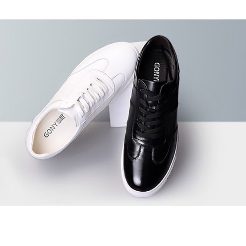 Novo tênis masculino de couro com aumento de altura casual, calçados com aumento de altura 6cm, branco/preto, 2018