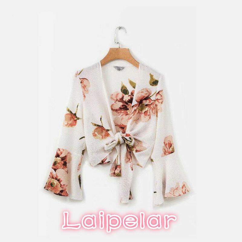 ฤดูร้อน Elegant Floral Crop TOP เสื้อสั้นสไตล์ Big Bow Tie Flare Sleeve เซ็กซี่ V คอผู้หญิงเสื้อและเสื้อ Laipelar