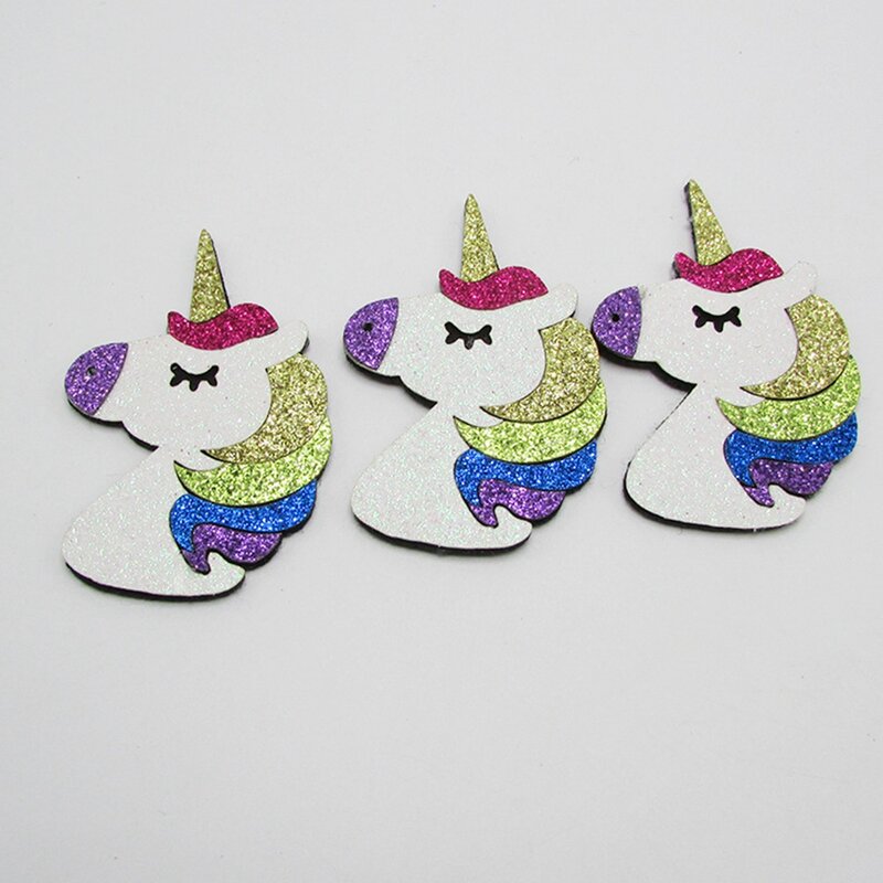 100pcs/lot Colorful Glitter Unicorn Padded Appliques Single Sided Glitter Fabric Patches DIY Patch Baby Toy Headwere Accessory