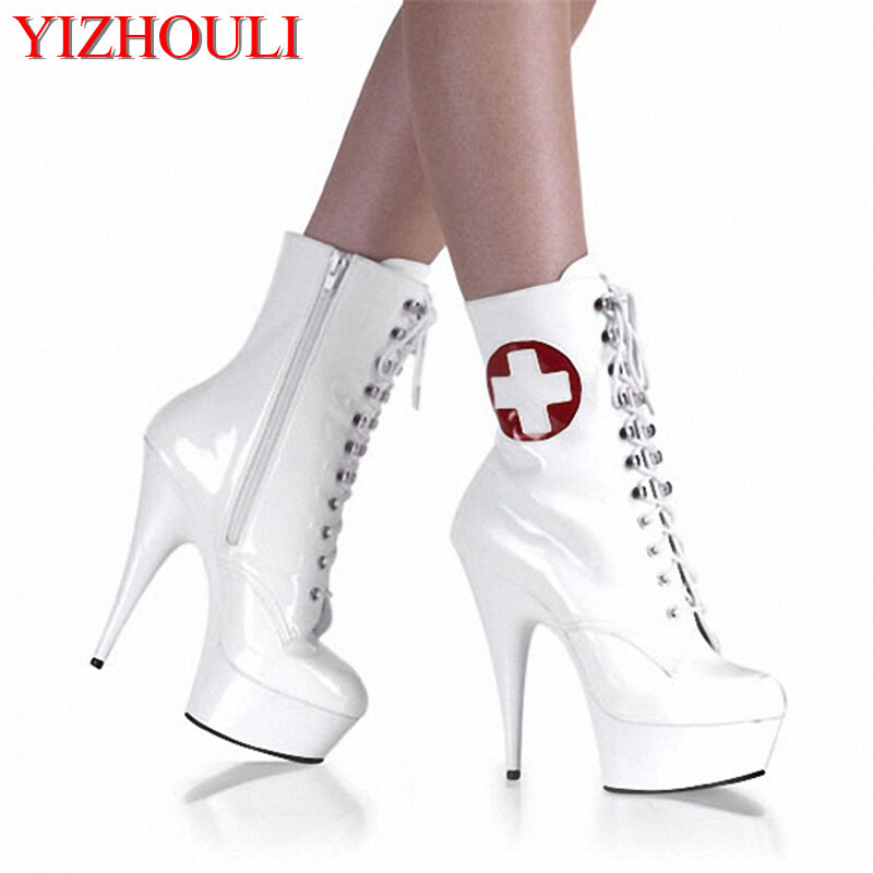 Weiß modell bühne leistung weibliche stiefel, niedrigen stiefel backen farbe plattform schuhe 15-20 cm hohe ferse tanz schuhe