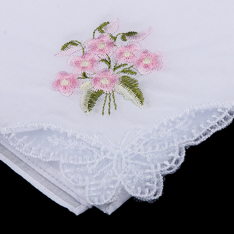 Lot de 12 mouchoirs carrés en coton brodé de fleurs pour femmes, pochette confortable, blanc