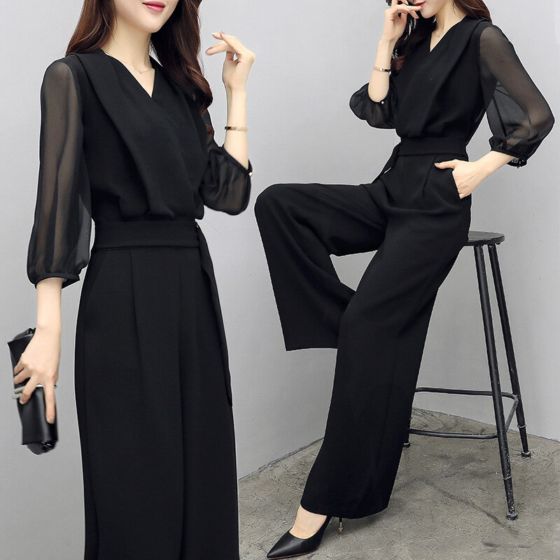 2018 Spring Summer Fashion Lady Black Wide Leg Party Jumpsuit Black Half Sleeve High Waist Plain Maxi Women Elegant Jumpsuit
