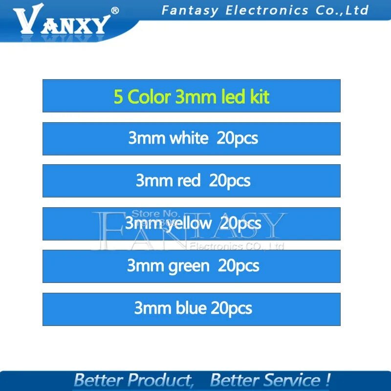 Assorted LED diodo kit de luz, branco, amarelo, vermelho, verde, azul, componente, DIY, novo, original, 3mm, 5 cores x 20pcs = 100pcs