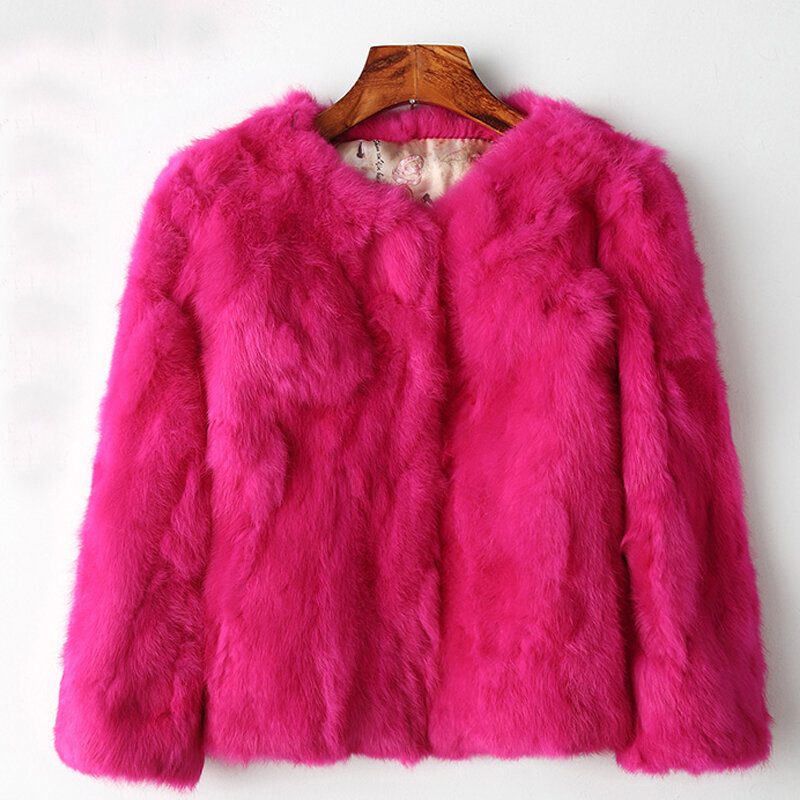 JKP-abrigo de piel de conejo Real para mujer, abrigo de piel de conejo Rex Natural, cuello redondo, moda delgada, piel auténtica