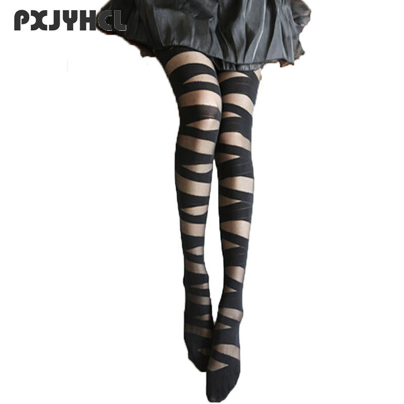 Moda feminina sólido listrado meia apertado alta sexy cruz transparente meias elásticas menina preto meia-calça lingerie macia