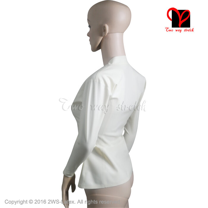 Sexy blusa de látex branco mangas compridas camisa uniforme de borracha superior gummi roupas femininas plus size match saia xxxl SY-021