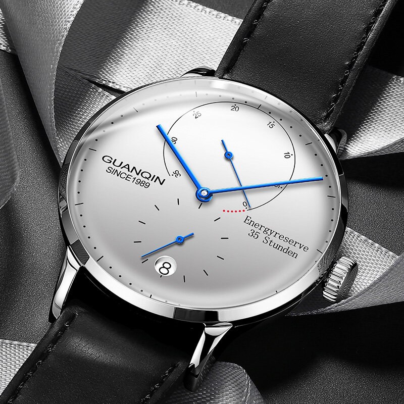 GuanQin-새로운 패션 자동 시계, 최고 브랜드 럭셔리 기계식 시계, 남성 에너지 디스플레이 가죽 달력 방수 남성 시계