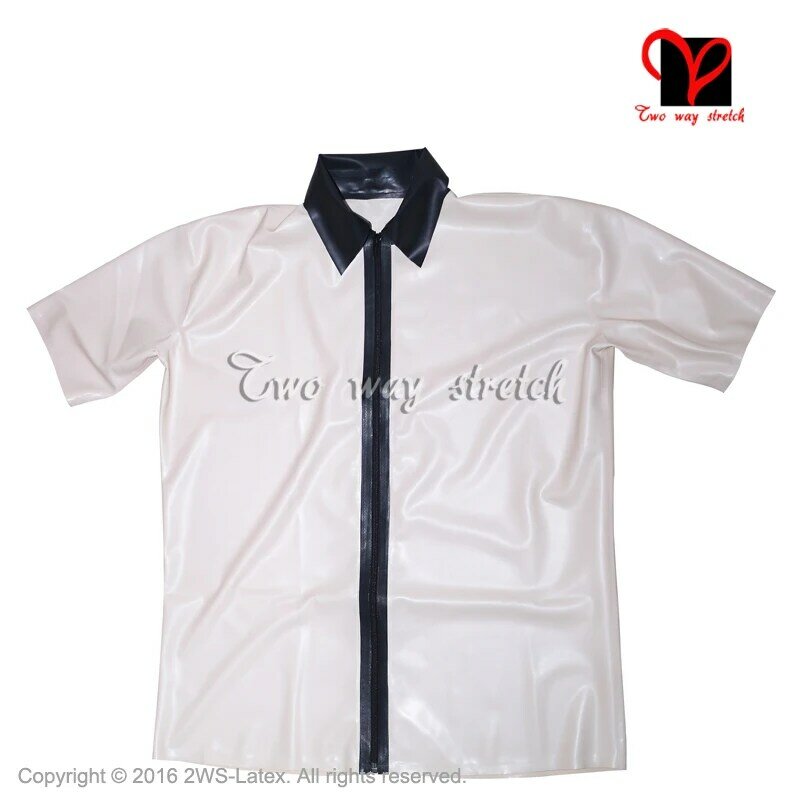 Sexy Wit zwart Latex shirt Rubber jas Gummi blouse korte mouwen Top Uniform rits Bij front size XXXL SY-052
