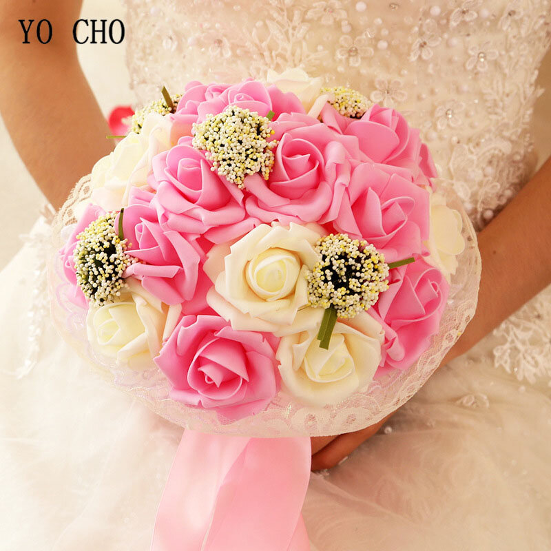 YO CHO ramo de novia para dama de honor, Rosa Artificial de PE, flor de perla falsa, rosa, suministros de boda, decoraciones para festivales