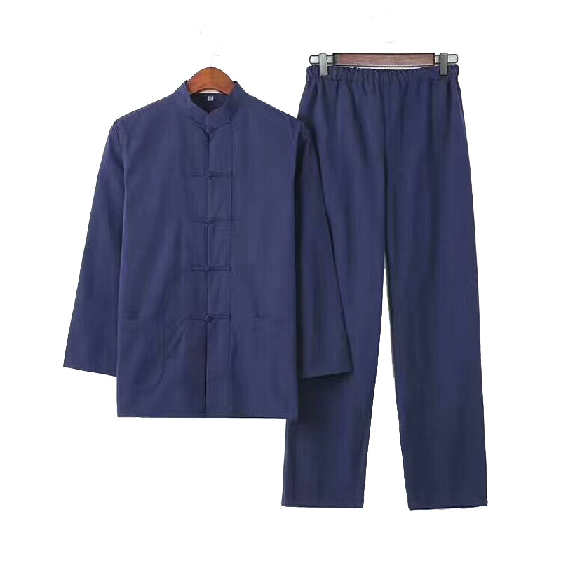 Traje de Kung Fu sólido para hombre, traje tradicional chino, 100% algodón, conjuntos de Wu Shu Tai Chi sueltos, chaqueta + Pantalones largos, 2 piezas
